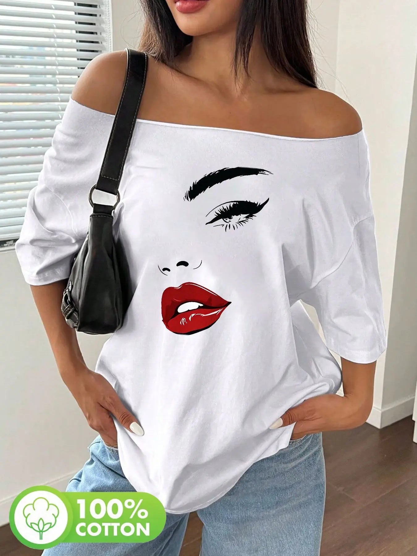Plus Size Women's Y2K Style Graphic T-Shirt, Bold Pop Art Face Print with Glossy Lips and Dark Eyes, 100% Cotton Shoulder Loo