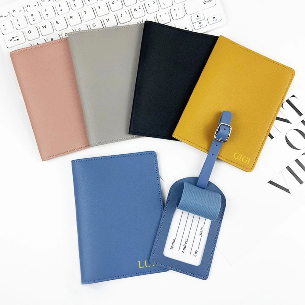 Free Custom Name Luggage Tag Set Fashion Soomth PU Leather Ticket Passport Holder Personalize Travel Purse