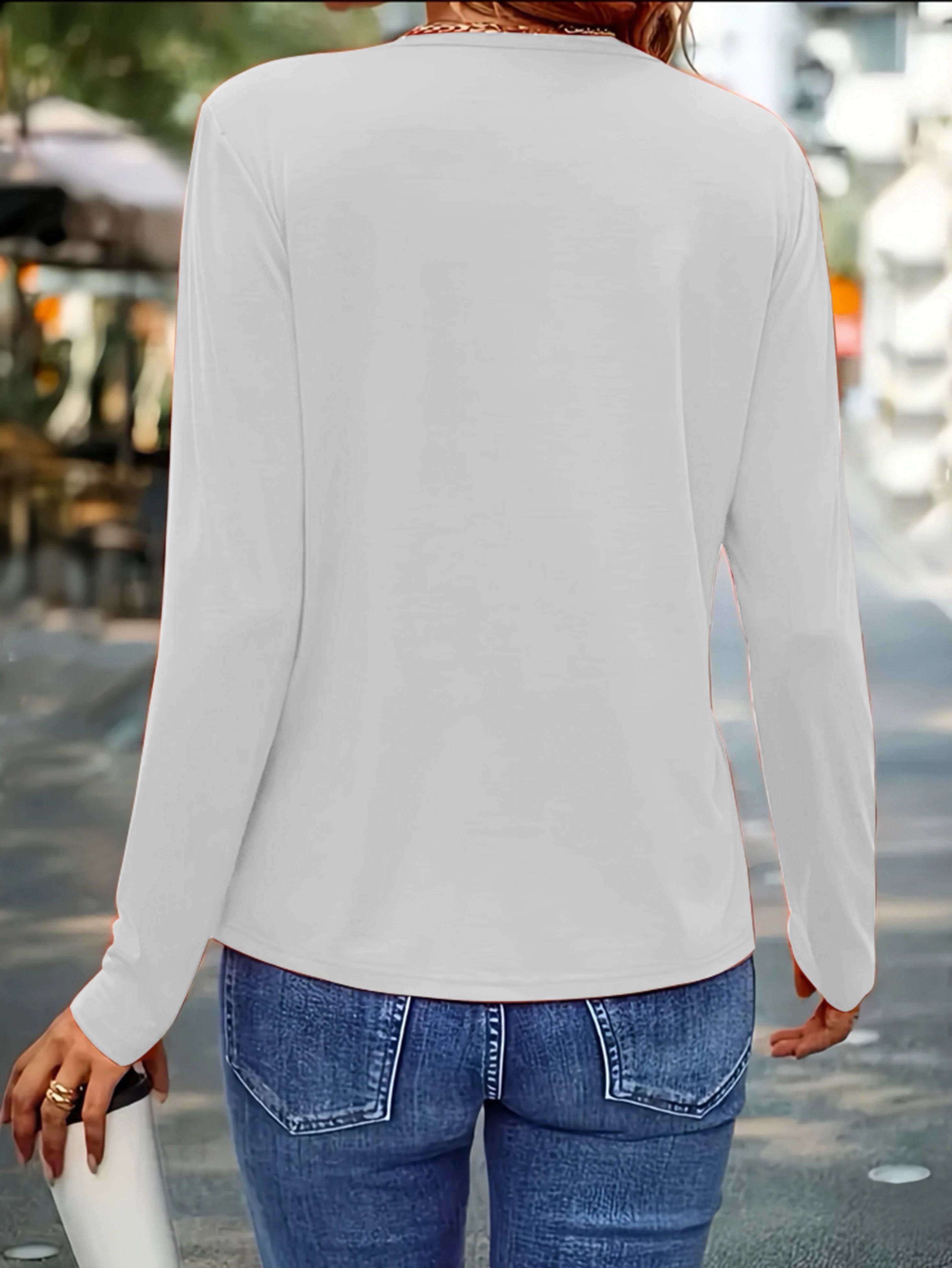 Plus Size Pleated Round Neck T-Shirt - Women's Lightweight Long Sleeve Solid Color Blouse for Spring Summer Elegant Fashion