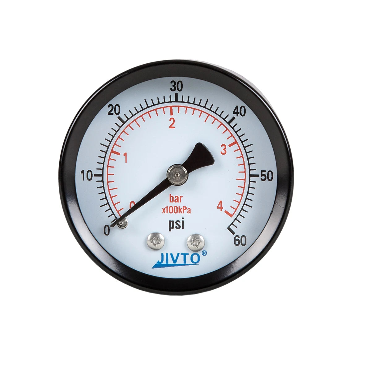 JIVTO Dry Pressure Gauge, Steel Case and Ring, 1-1/2" Dia,30, 60, 100 Psi & Bar, 1/8" NPT Back Mount, Glass Window