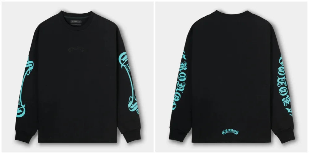 CRONOS Men's Oversized Long Sleeve T-Shirt Gothic Script Print Streetwear Tee Casual Hip Hop Fashion Gym Fitness Workout Tops