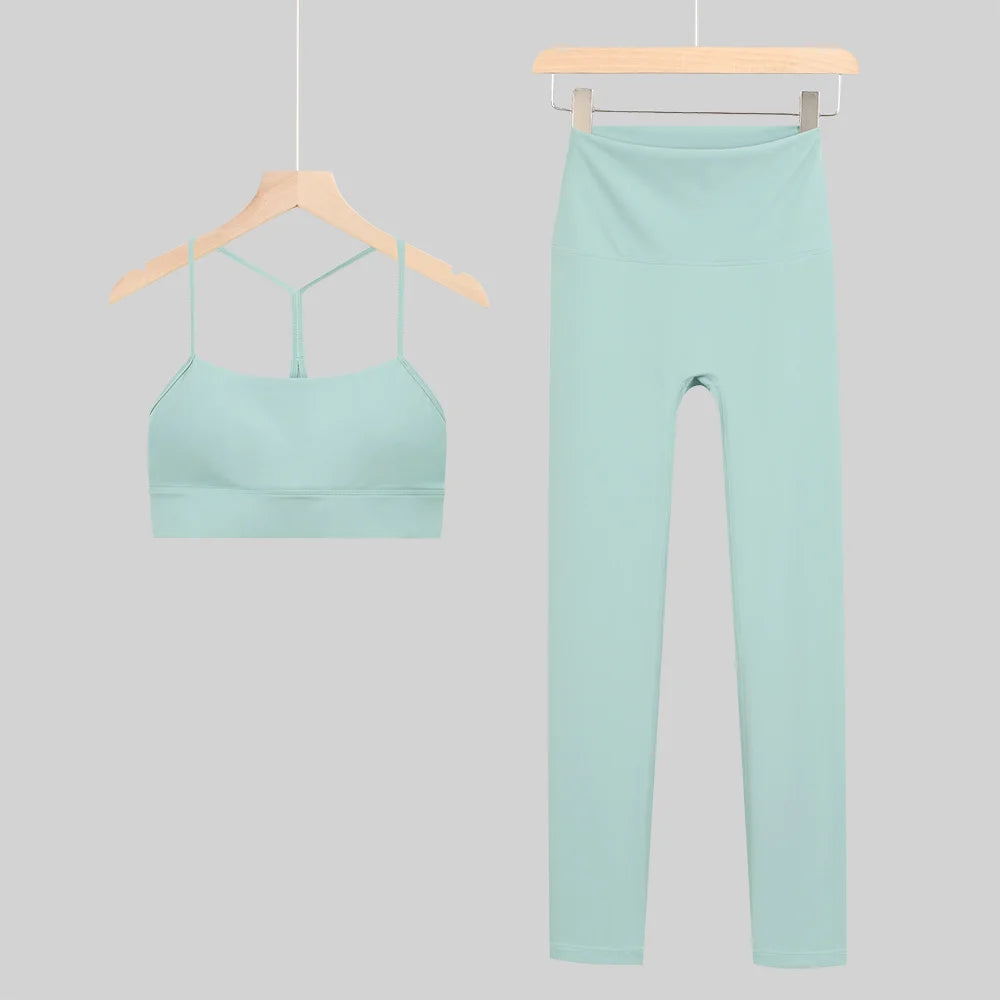 New Yoga Women Vest Gym Top Y-shape Bra Set Comfortable Running Fitness Cropped Pants Sportswear