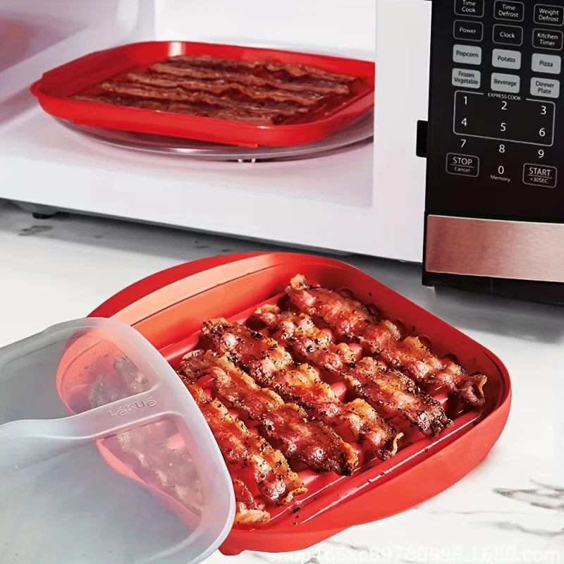 Microwave Bacon Tray with Splatter Lid Safety Quick and with No Mess Pizza Tray in Few Minutes Efficient Food Prep Kitchen Tools
