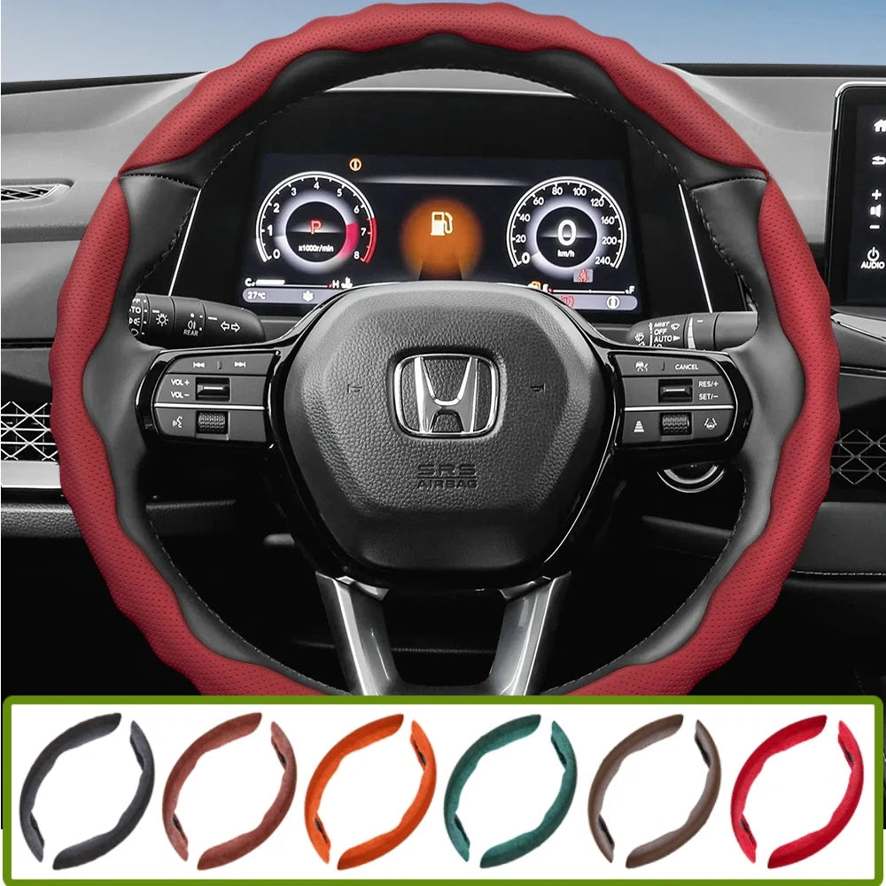 Steering Wheel Cover Suitable for Honda, Wave-Shaped Sporty Design, Breathable Leather, Segmented Design, Non-Slip
