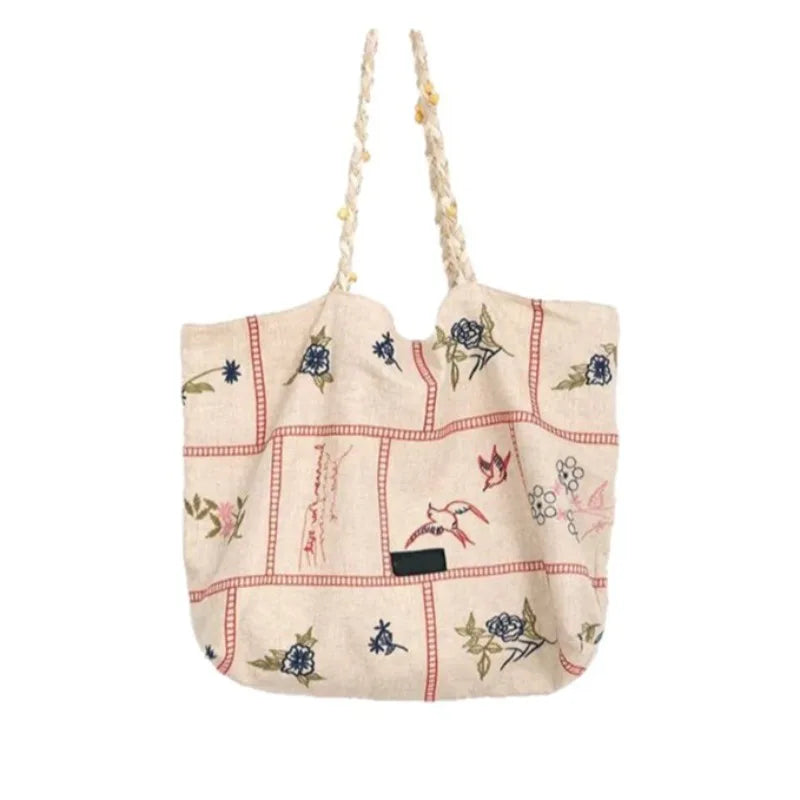 2026 New Unique Floral Bird Embroidery Linen Tote Bag Large Capacity Women Vacation Shoulder Handbag