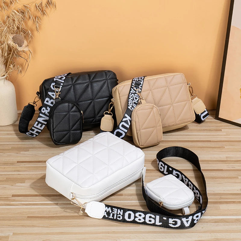 Fashionable Mobile Phone Bag, Large Capacity Checkered Shoulder Bag, Two-Piece Set, Wide Shoulder Strap
