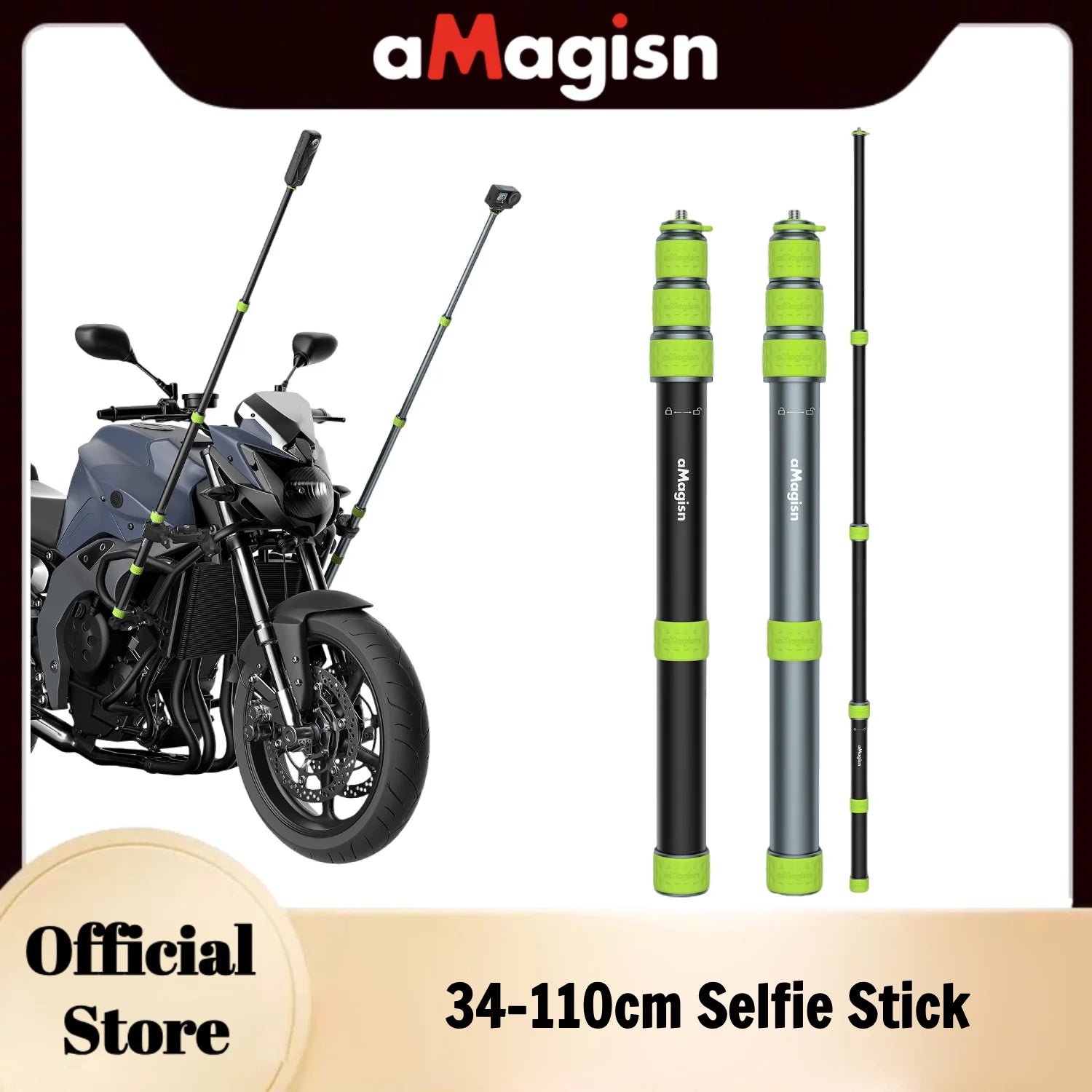 aMagisn Professional Motorcycle Selfie Stick 34-110cm Metal Pole 1/4Thread Trekking Pole Convertible Fits GoPro / DJI / Insta360