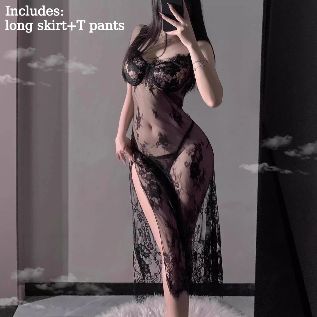 Purple Sexy Women Sheer Lace Slip Lingerie Set High Split Long Dress Cosplay Uniform Sleepwear Suitable for Small Bust Ladies