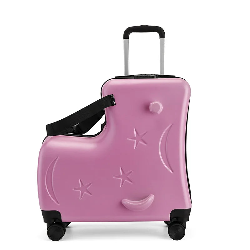 New Suitcase for Kids Wooden Horse Sit to Ride on Luggage with 360° Swivel Wheel 20/24 inch Small Travel Suitcase Boardable