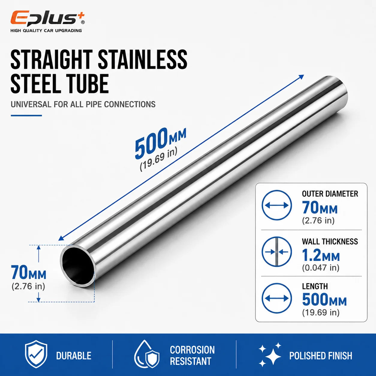 500mm Length 304 Stainless Steel Straight Pipe 1.2mm Thick Universal Round Tube OD 19-89mm for Connections metal tube Adapter