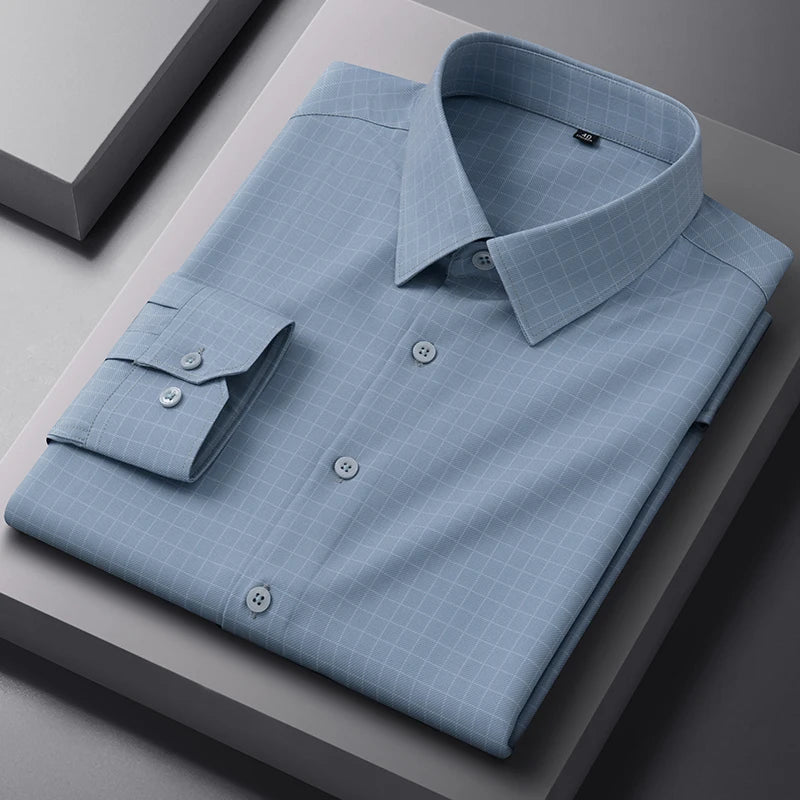 New Anti-Wrinkle Men Shirts Long Sleeves Dress Shirts For Men Slim Fit Camisa Social Business Blouse Plaid Striped Office Shirt