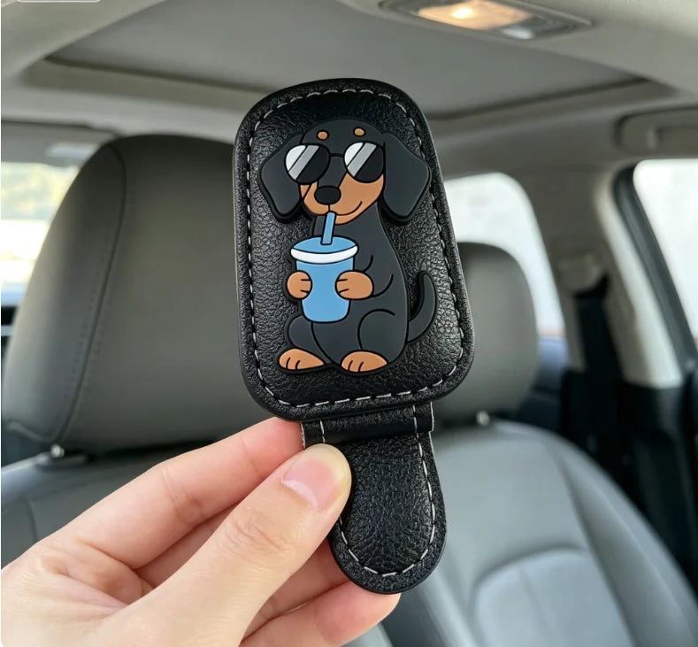 Car Sun Visor Sunglasses Clip Cute Dachshund Dog Cup Leather Glasses Holder Auto Eyeglasses Storage Car Accessories