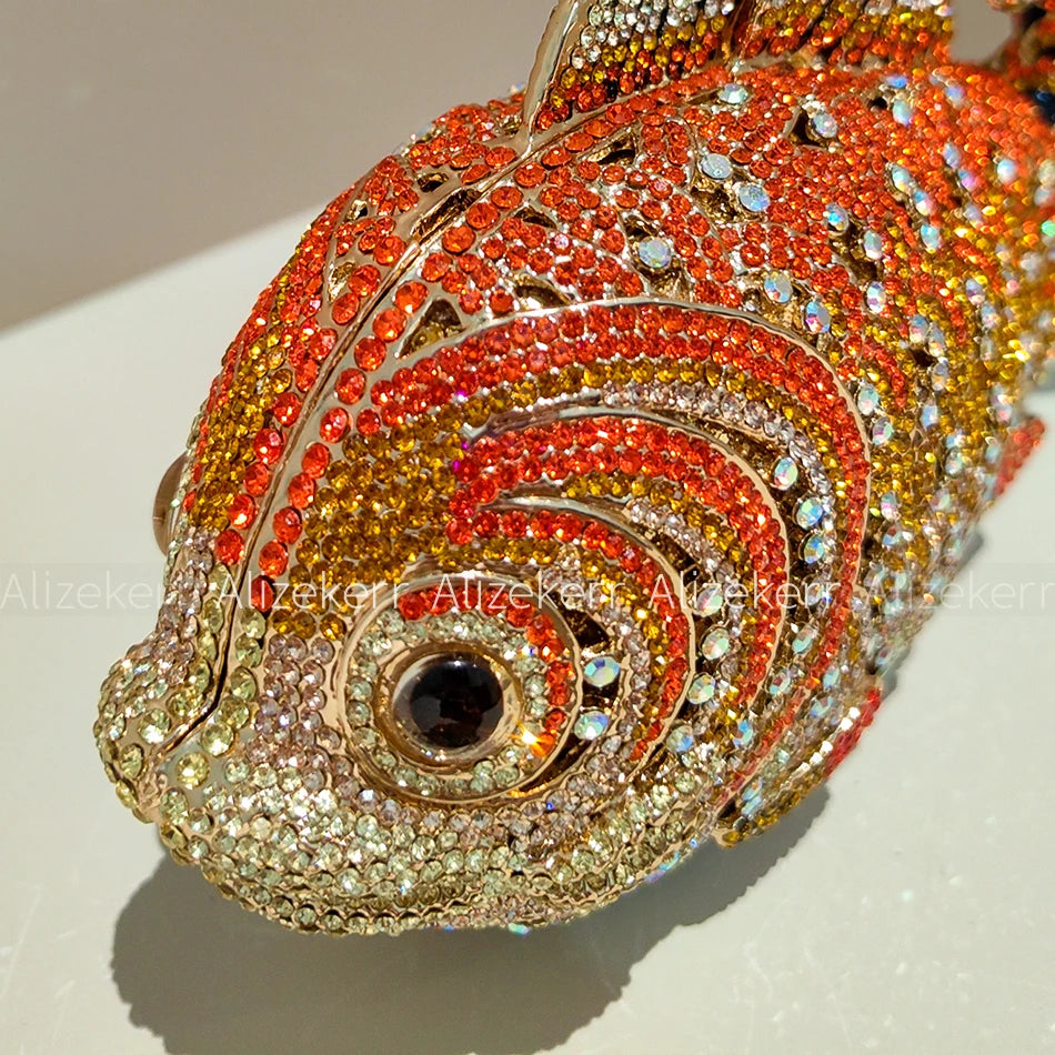 Alizekerr Goldfish Shaped Crystal Evening Bags Women Gorgeous Diamond Metallic Clutch Purses Ladies Unique Handbag Wedding Party