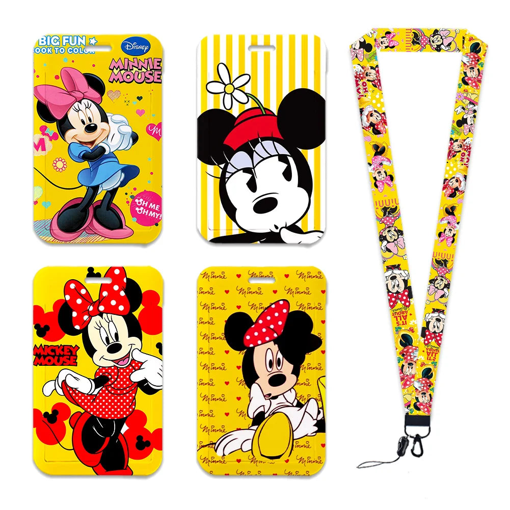 Disney Yellow Series Mickey Minnie Card Holder Work Permit Name Badge with Keychains Student Id Card Lanyard Holder Accessories