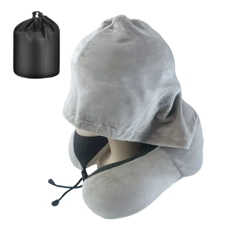 Removable Travel Neck Pillow Adjustable with Storage Bag Hooded Pillow Comfortable Soft Support U-shaped Pillow with Cap