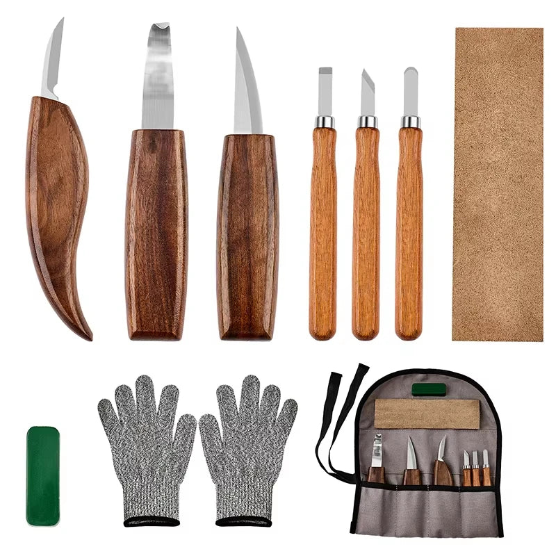 10Pcs Wood Carving Tools Set with Detail Wood Carving Knife Wood Chisel Knife Gloves Carving Knife Sharpener for Spoon Bowl Cup