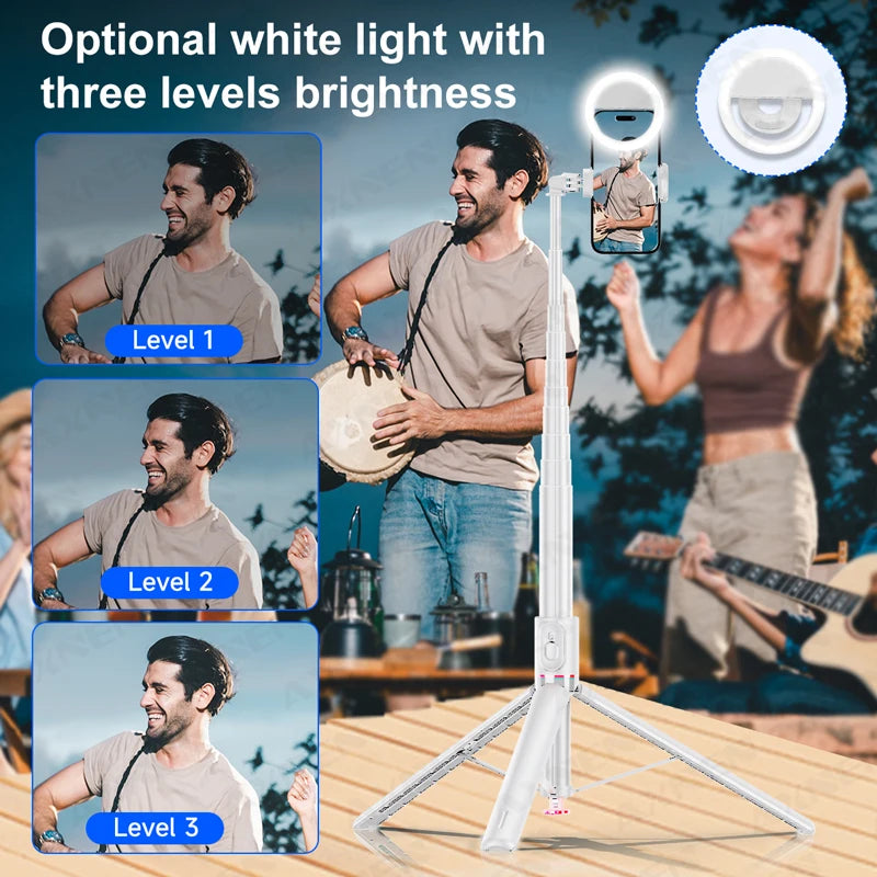 White Selfie Stick Tripod Portable 70 Inch All-in-one Auto Pop Open Wireless Bluetooth Magnetic Remote Control Smartphone Stand