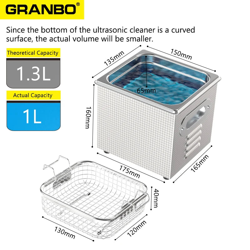 Granbosonic 1L 60W/120W Ultrasonic Cleaner Machine Stainless Steel With Heater Timer Jewelry Glasses for Home