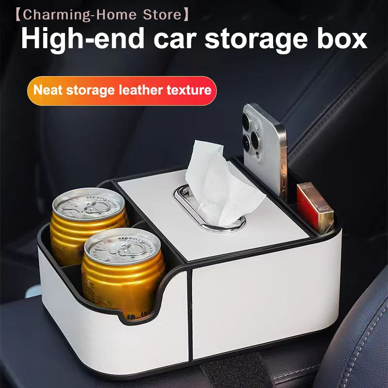 1PC Universal Car Armrest Organizer With 2 Cup Holders & Tissue Box - Back Seat Storage Box For SUV/Sedan Interior Accessories