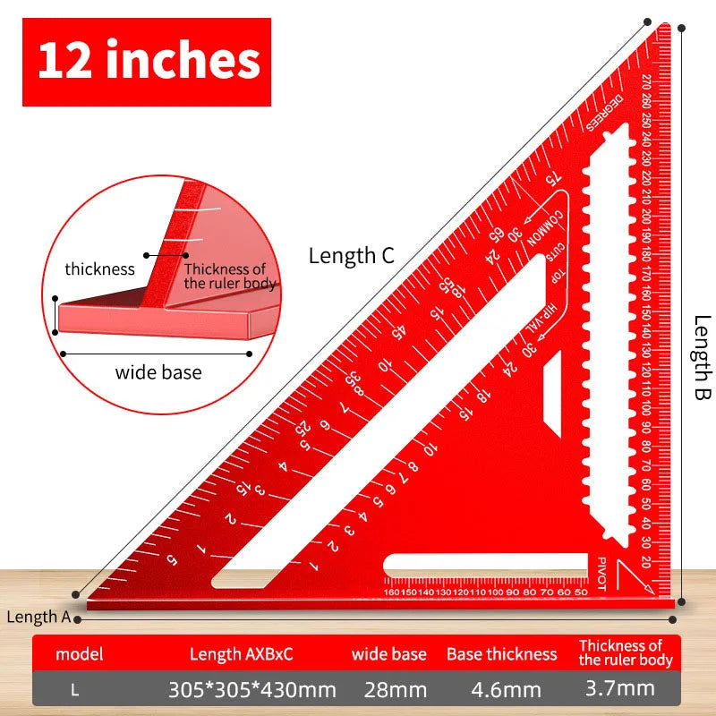 Precision 7/12 Inch Aluminum Alloy Triangle Ruler Woodworking Measuring Tools Durable Metal Metric Imperial Gauging Angle Finder