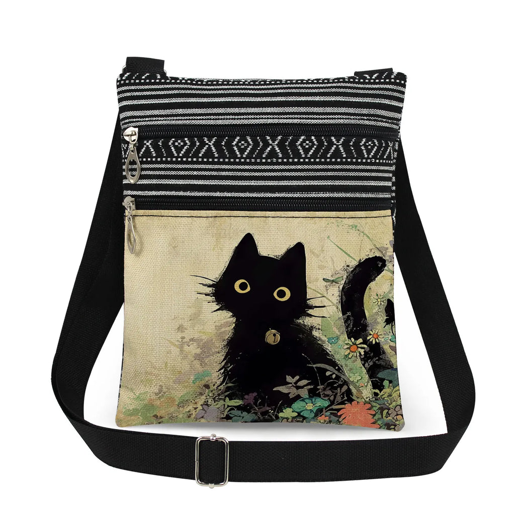 Cute Cartoon Black Cat Print Crossbody Bags Shoulder Bags For Women Daily Travel Portable Small Messenger Bags Catkeeper Gift
