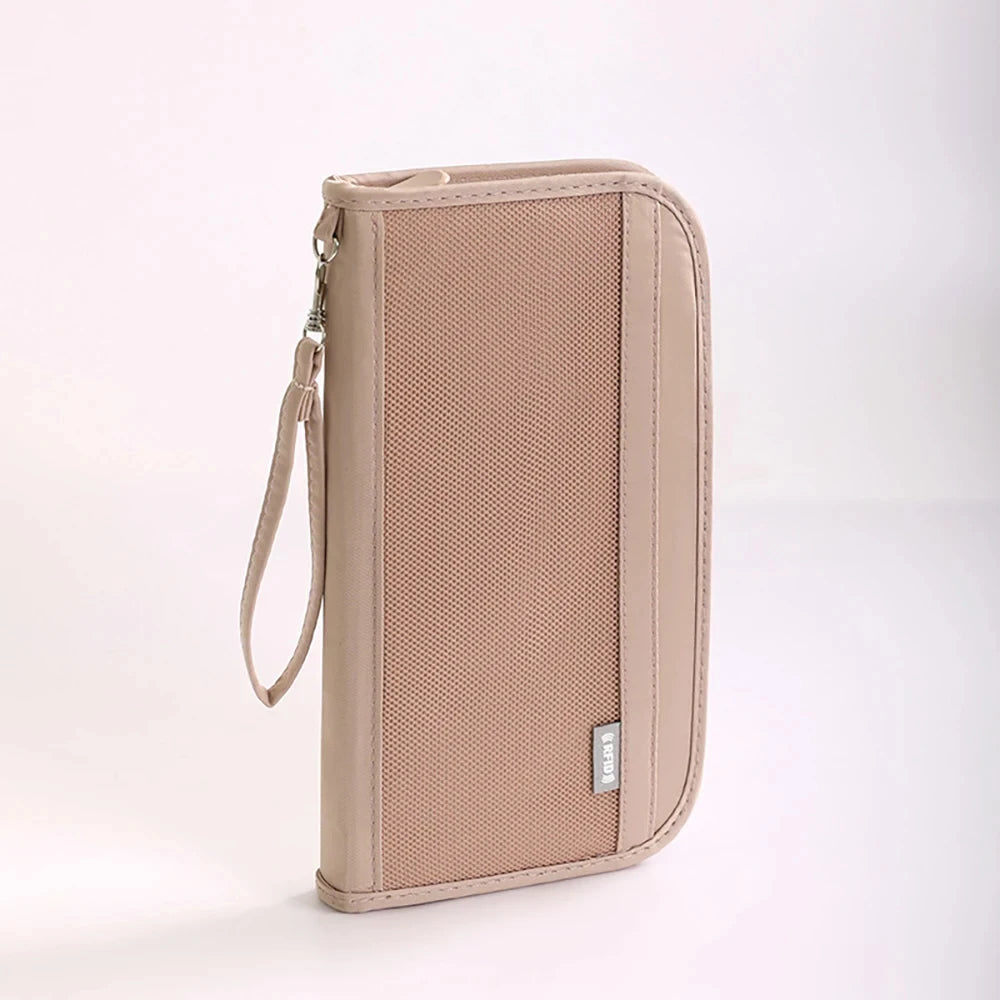 RFID Blocking Passport Holder Travel Document Organizer with Wrist Strap Multifunctional Zippered Wallet for Airline Tickets Car