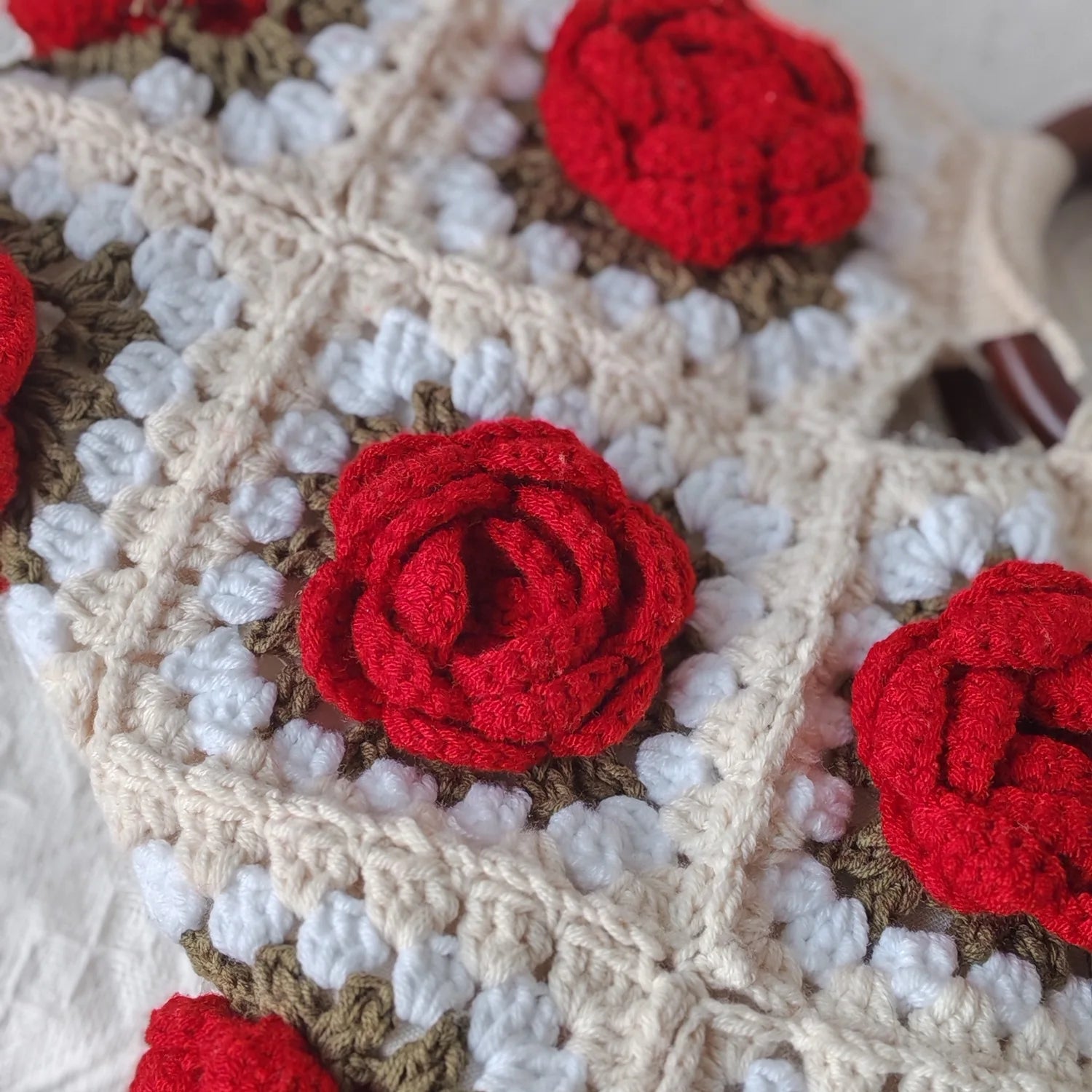 Handmade Crochet Rose Bag | Boho Floral Handbag with Wooden Handles | Summer Casual Tote