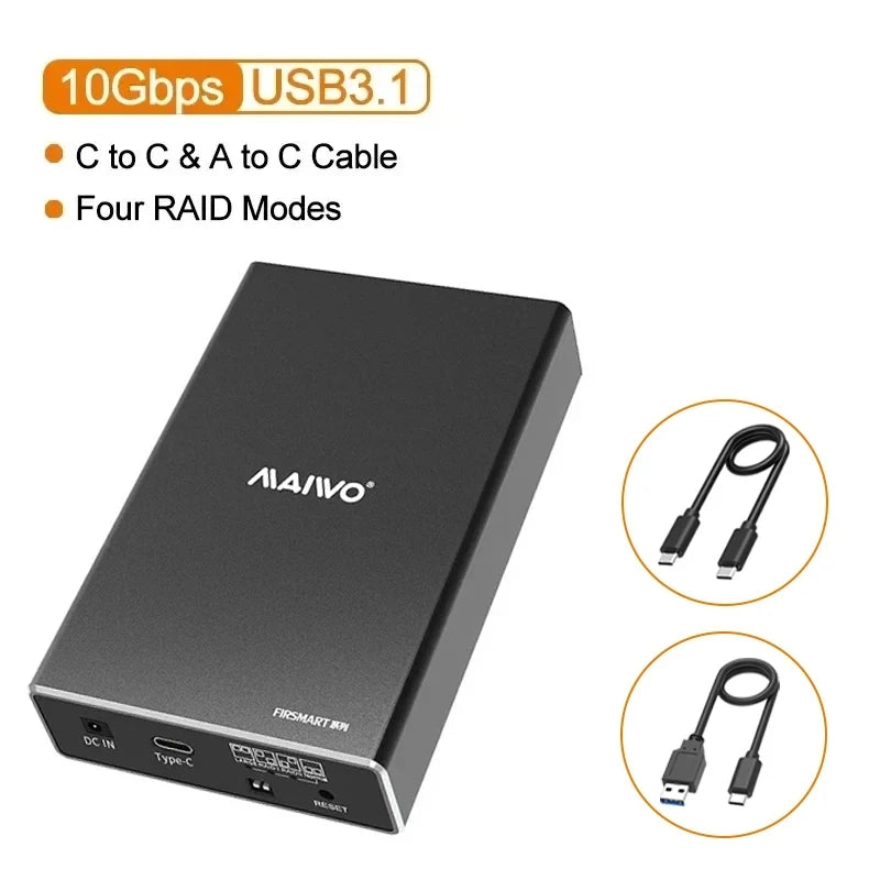 MAIWO Hard Drive Enclosure Dual Bay for 2.5'' SATA SSD/HDD Support 4 RAID Modes Gen2 10Gbps with 16TB Capacity Aluminum HDD Case
