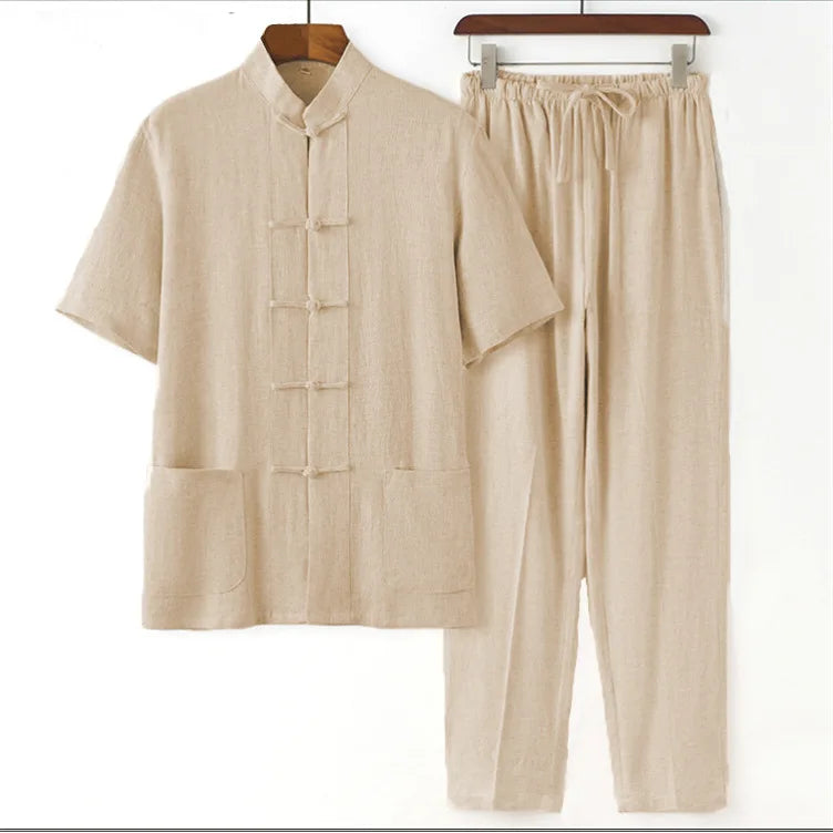 2026 New Men's Cotton Linen Tangzhuang Set Traditional Chinese Long Sleeve Suit Retro Ethnic Loose Tai Chi Clothing