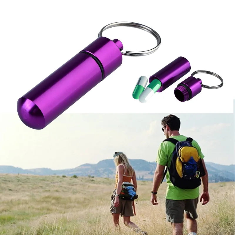 Portable Aluminum Alloy Waterproof Pill Medicine Storage Case Holder Container Capsule First Aid Key Ring Keychain Outdoor Tool