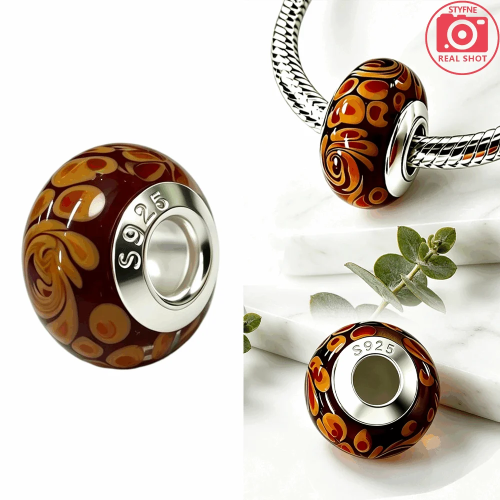 Silver-Plated Red White Stripe Glass Charms Beads Fit Original Bracelet Bag Keychain Charms Beads Pendant Diy Women Jewelry Gift