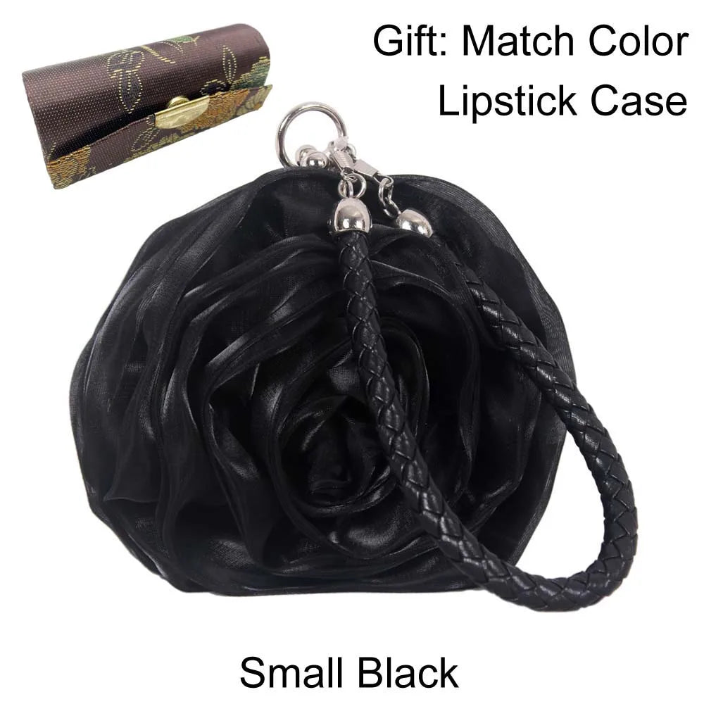 Colourful Women's Rose Flower Handbag Top Handle Bridal Bags Satin Party Wedding Evening Bags Luxury Lady Clutch Purse