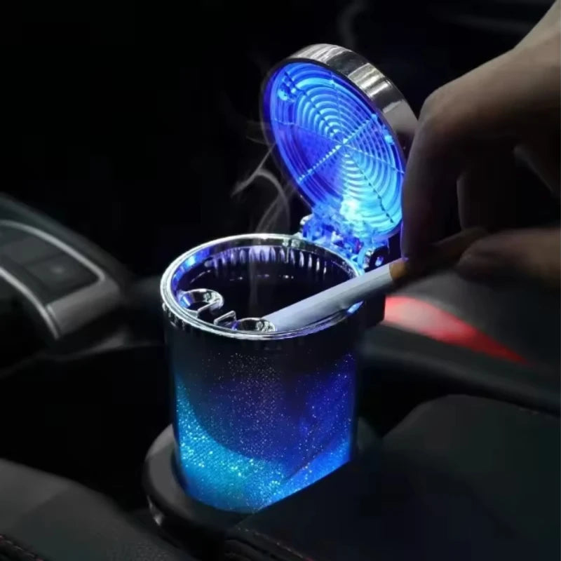 Ventilated Car Ashtray With Sealed Cover LED Color Changing Glass Carrier Type Elegant Internal Smoke Exhaust Box