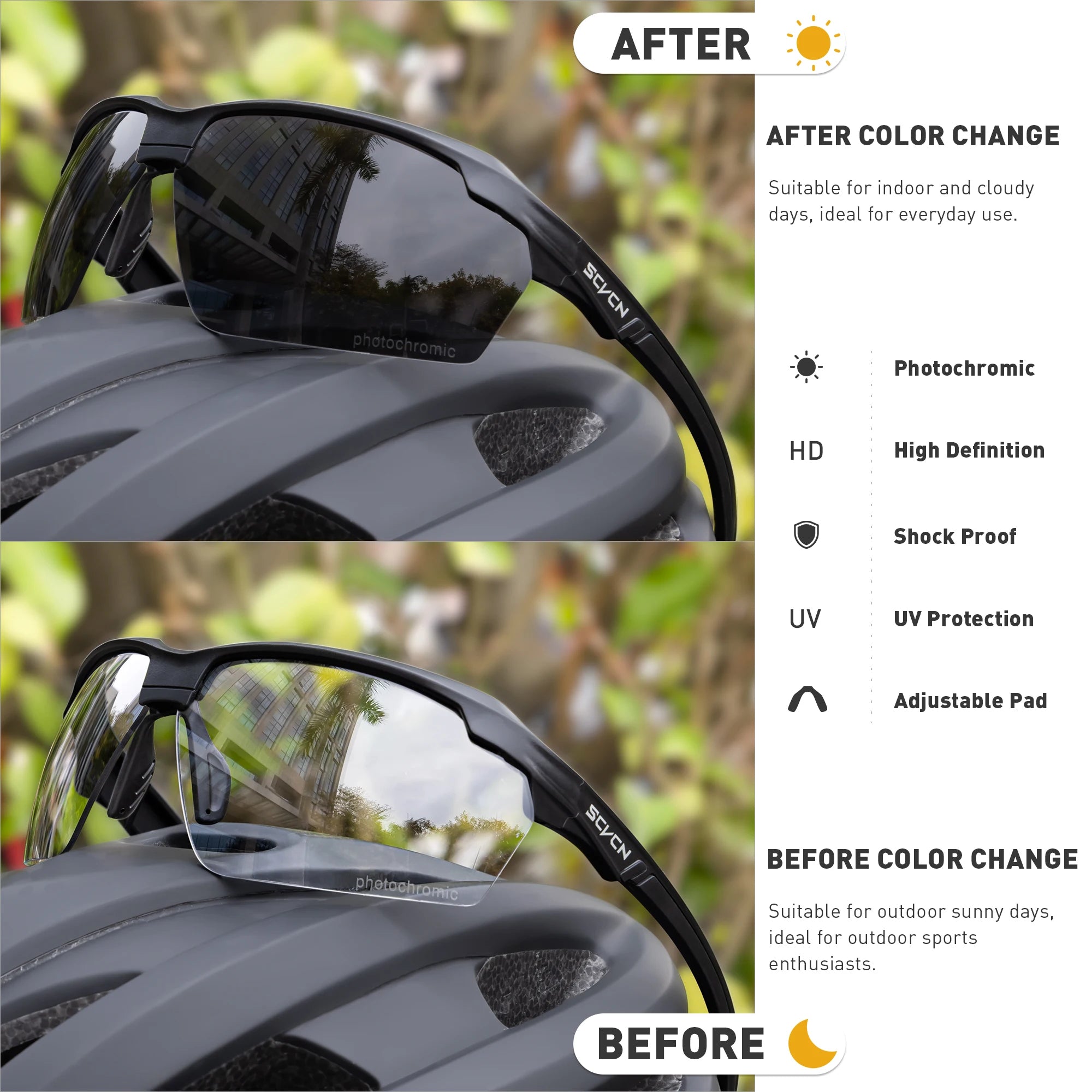 SCVCN Color Photochromic Cycling Glasses Explosion Proof Hunting CS War Game Eyewear Fashion Outdoor Airsoft Shooting Glasses