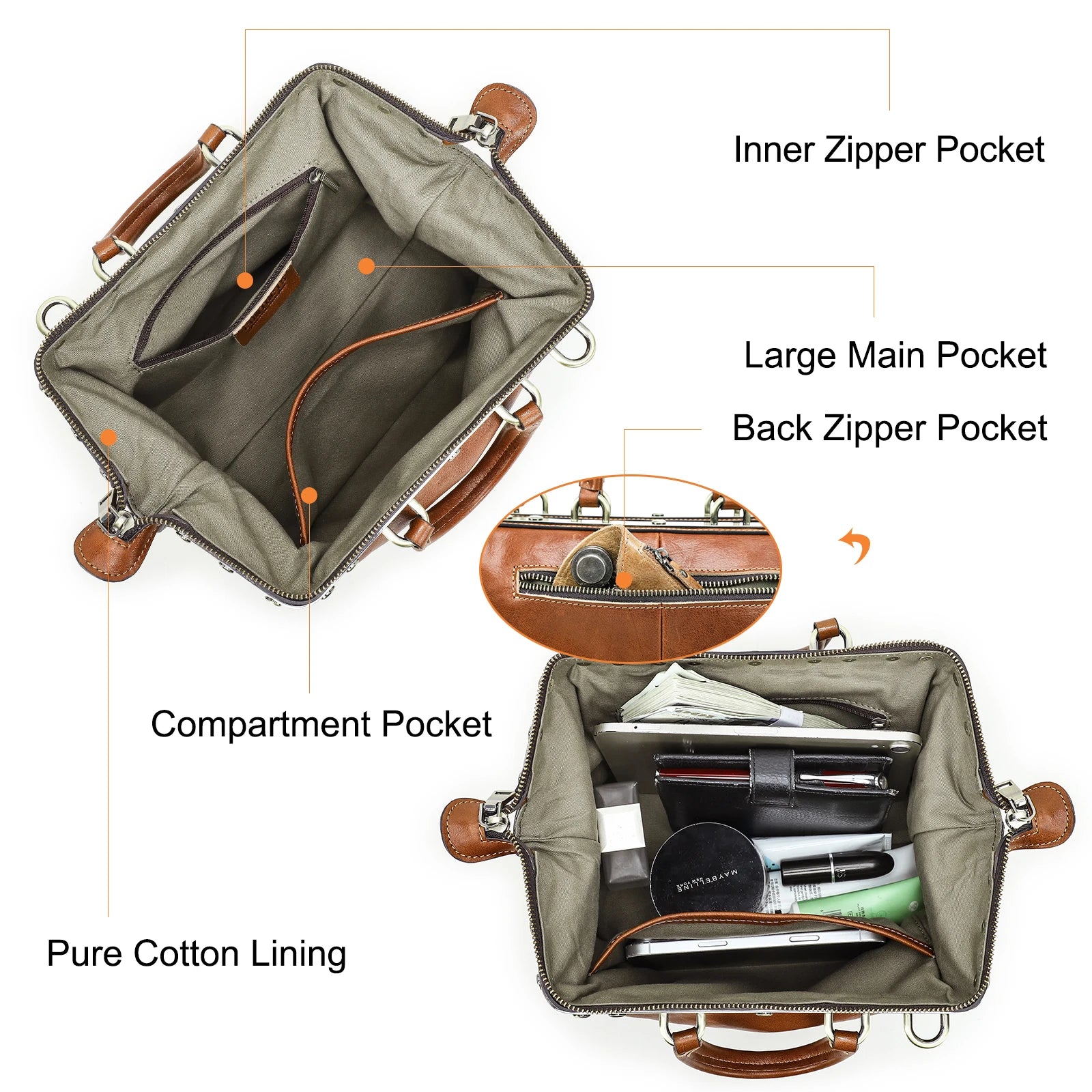 CONTACT'S Genuine Leather Shoulder Bags for Women Luxury Designer Doctor Bags Top Handle Bags Metal Frame Tote Handbags Ladies