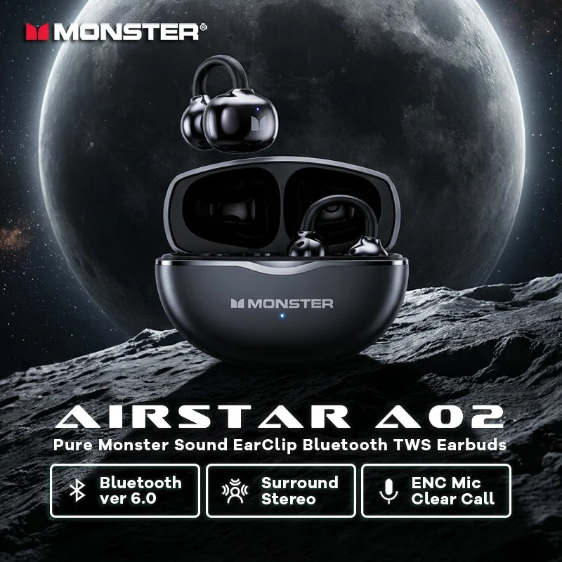 Monster Airstar A02 OWS Bluetooth 6.0 Ear Clip Headphones HiFi Stereo Sport Earbud Open Ear Air Conduction TWS Wireless Earphone