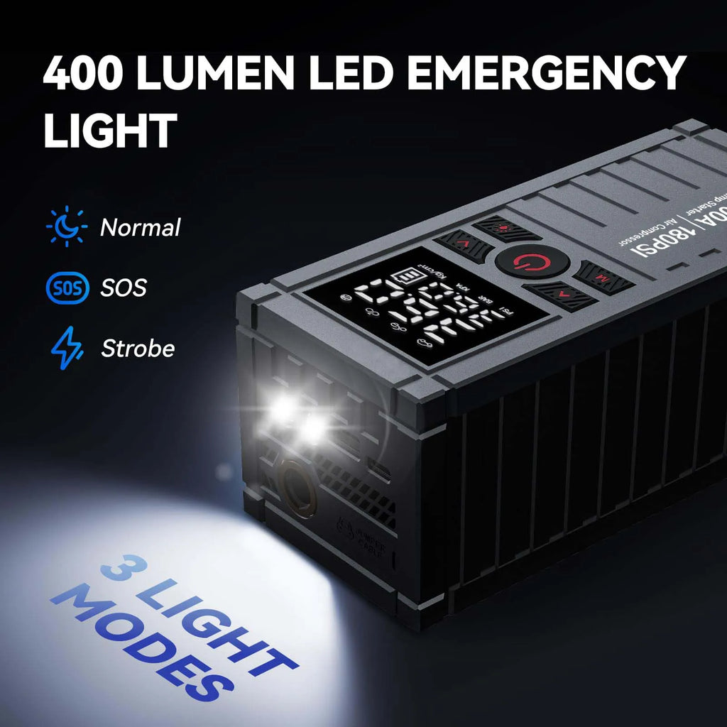 Jump Starter with Air Compressor, 7000A 180PSI Car Battery Jump Starter Jump Box (All Gas/12.0L Diesel), Battery Charger, LED