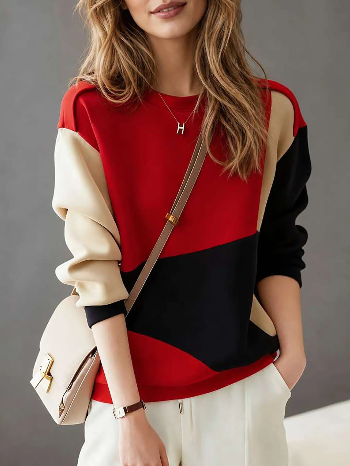 Autumn and Winter Women's Fashionable Color-Blocking Artistic Geometric Patterned Casual Commuting Sweatshirt
