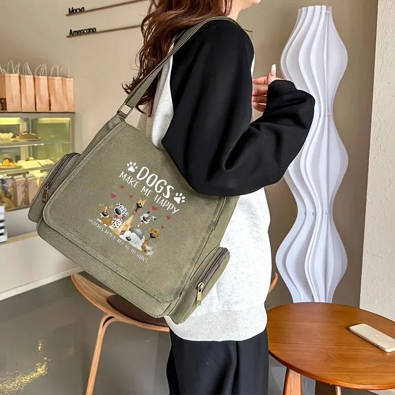Large Capacity Women's Bag Retro Tote Shoulder Bag Dog Print Large Capacity Student's Crossbody Book Bag