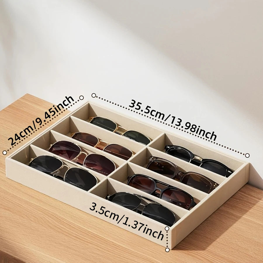 Versatile Gray Velvet Organizer Tray for Glasses, Jewelry & Watches - 8-Compartment, Stackable Display Storage Box, Jewelry Tray