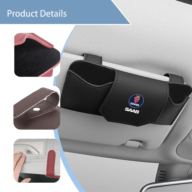Magnetic Leather Storage Sunglasses Case Car Sun Visor Holder For SAAB Turbo X Monster 9-2X GT750 92 Sweden Decal