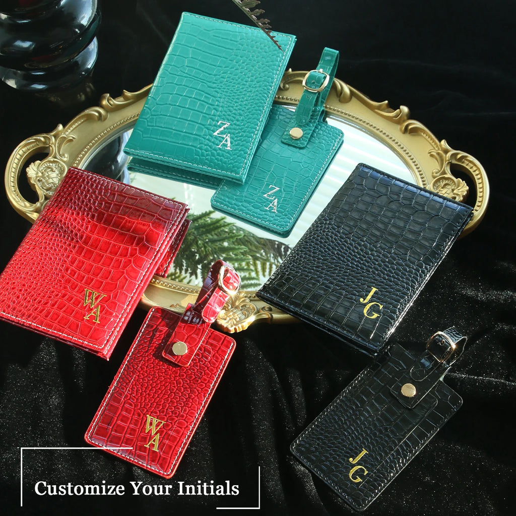 Customized Initial Passport Holder & Luggage Tag Set Personalized Gold Silver Monogram Embossed Crocodile Leather Travel Gift