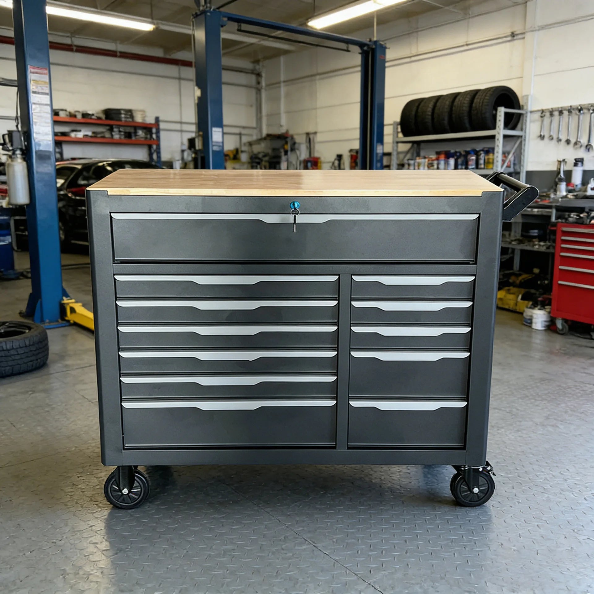 Grade Tool Cabinet Trolley with Lock, Solid Wood Countertop 12 Drawers Multi-compartment Storage Auto Repair Hardware Cabinet