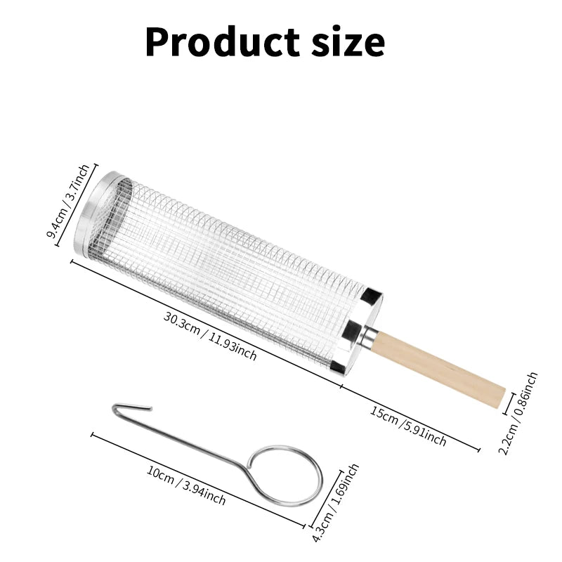 Rolling Grill Baskets for Outdoor Grill,  Basket with Removable Wooden Handle, Camping Picnic BBQ Accessories Tools for Grilling