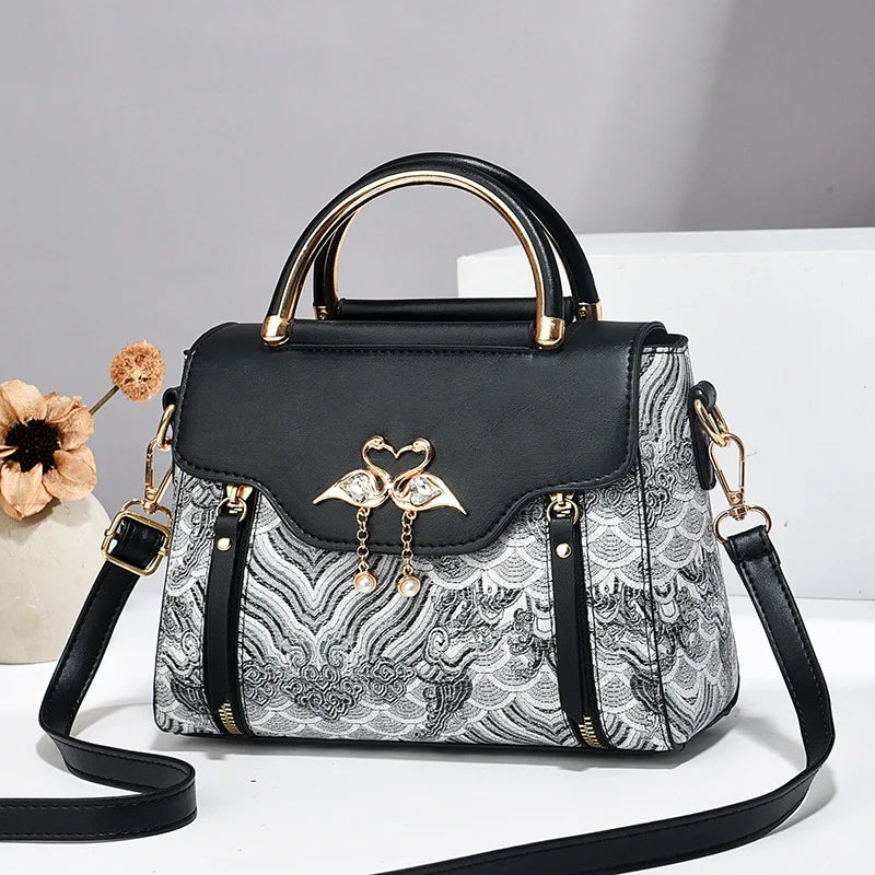 Classic Top Handle Satchel with Swan Rhinestone, Convertible Crossbody Bag with Detachable Strap for Elegant Women's Handbag