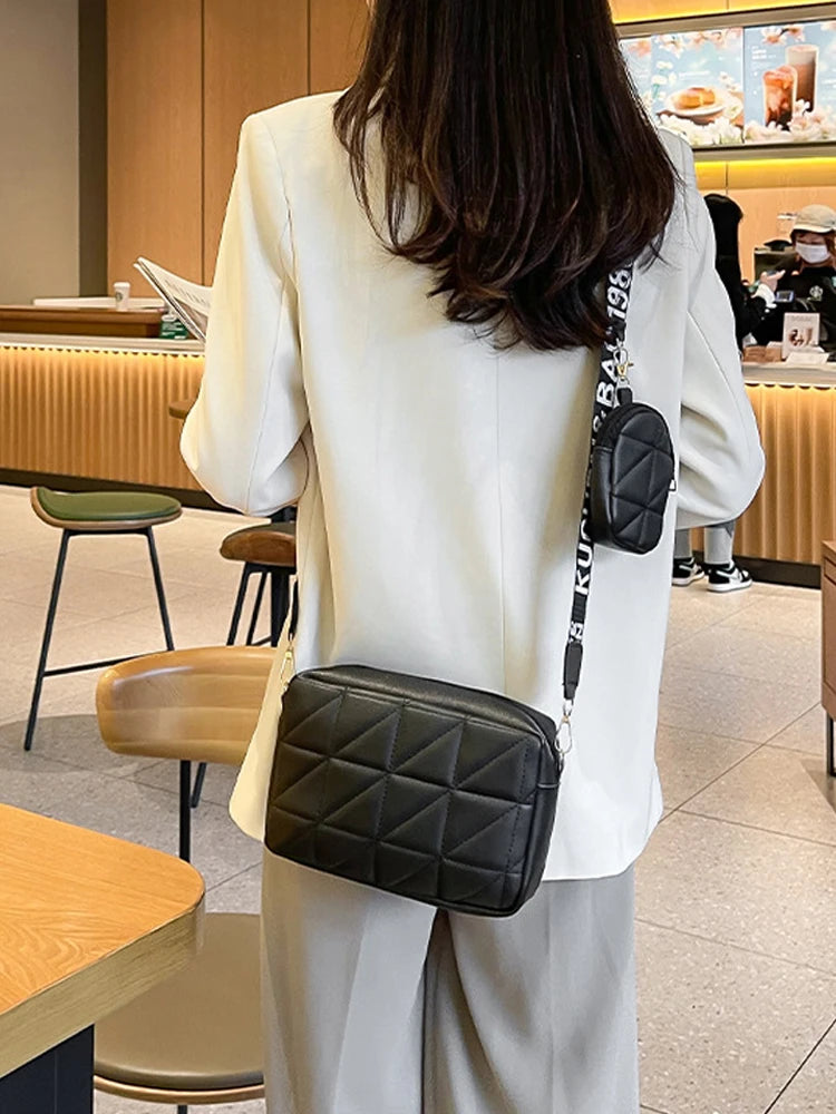 Fashionable Mobile Phone Bag, Large Capacity Checkered Shoulder Bag, Two-Piece Set, Wide Shoulder Strap