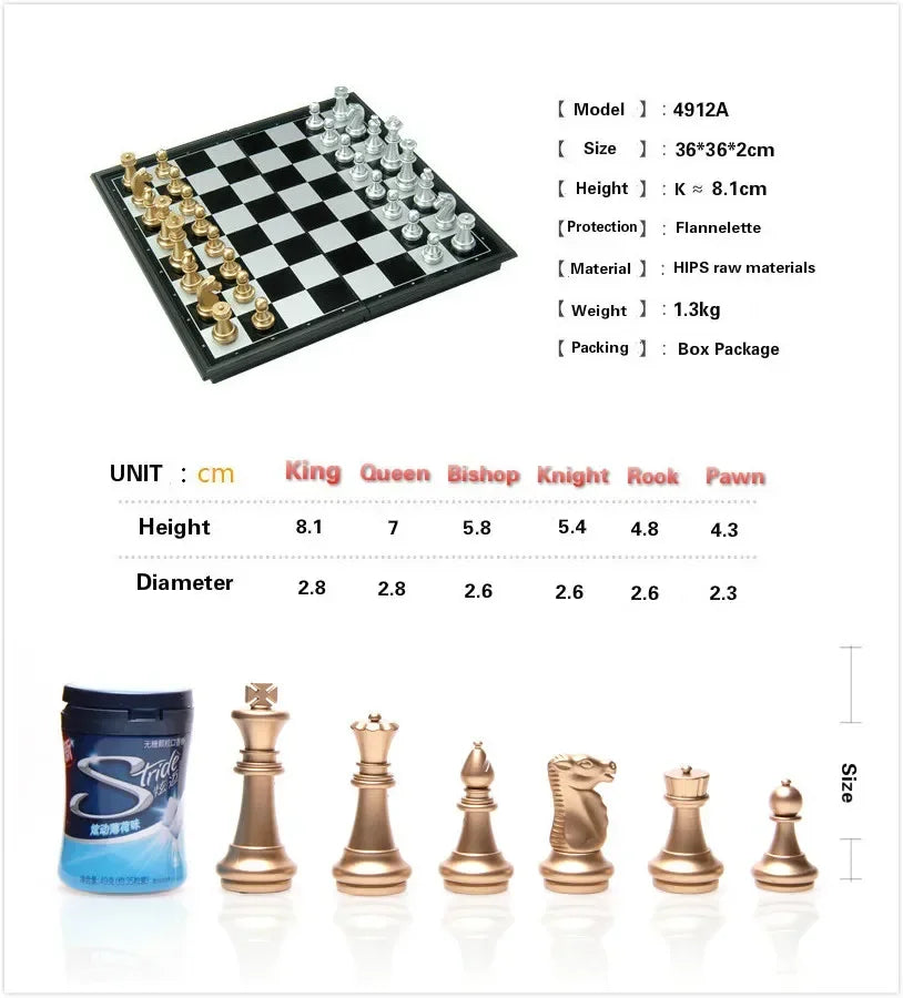 Magnetic International Chess Pieces Set, Folding Table Board, 3 Different Size, 36x31cm King 7.2cm