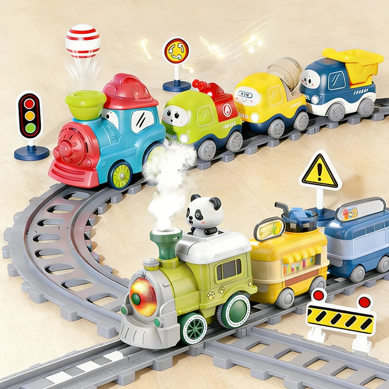 Steam Train Track Toys Electric Magnetic Blow Balls Cartoon Spray Car Models Sound Light Engineering Vehicles Children Toy Gifts