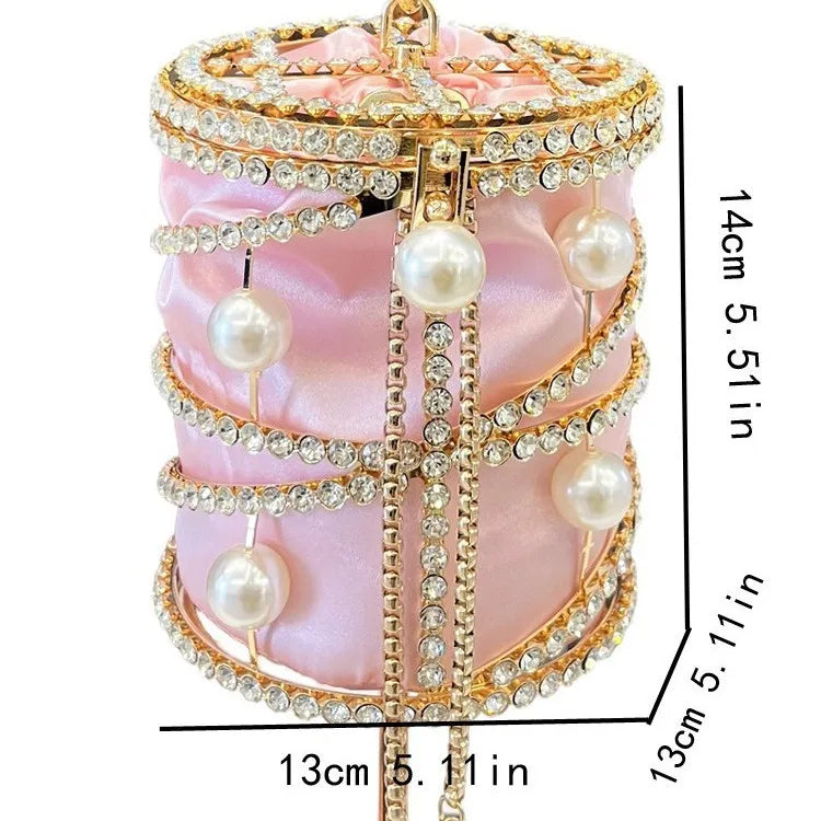 2025 New Women's Metal Bucket Bag Diamond Embedded Handbag Drawstring Chain Pig Cage Bird Cage Handheld Bag Alloy Material