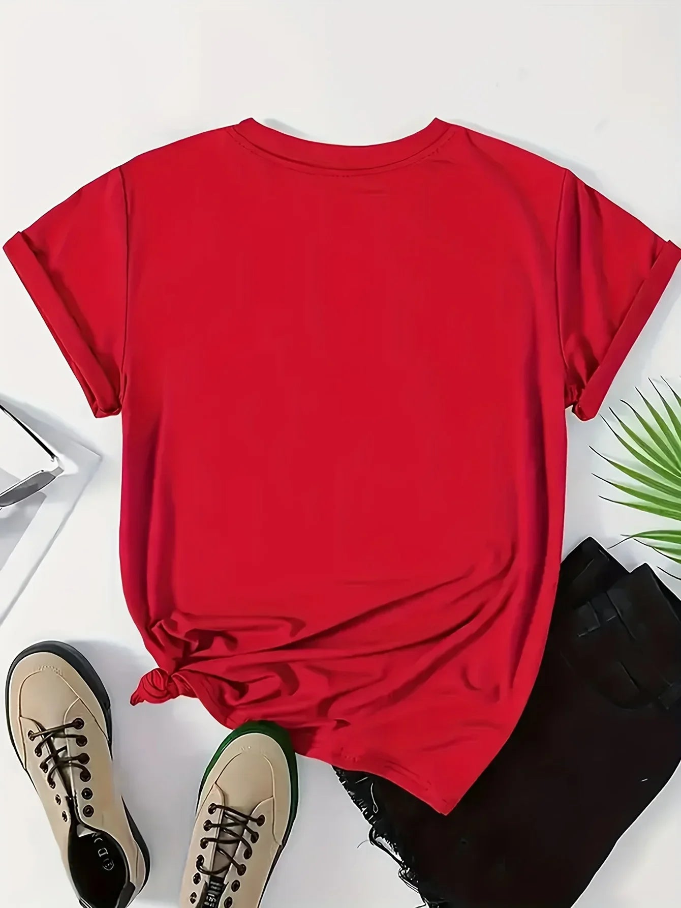 Women's Red Butterfly Heart Print Plus Size T-Shirt Short Sleeve Round Neck Casual Top for & All-Season Wear